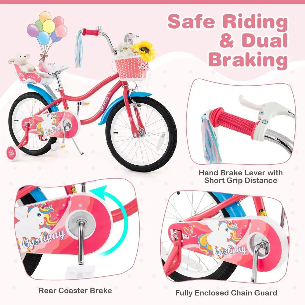 18 Inch Girls Bike for 3 - 5 Years Old Kids Bike with Doll Seat and Training Wheels - Oasis Home Essentials