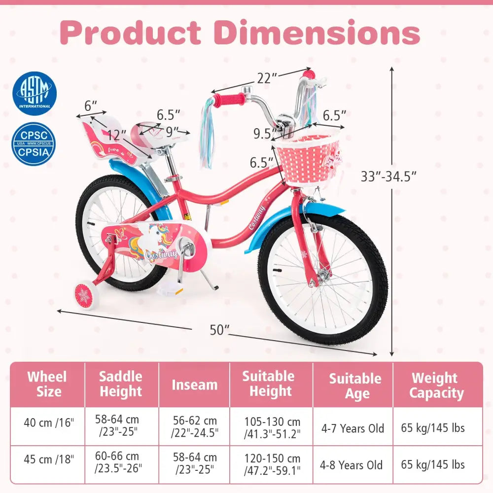 18 Inch Girls Bike for 3 - 5 Years Old Kids Bike with Doll Seat and Training Wheels - Oasis Home Essentials