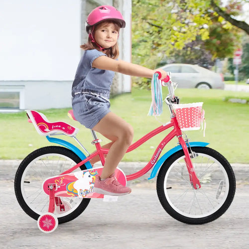 18 Inch Girls Bike for 3-5 Years Old Kids Bike with Doll Seat and Training Wheels - Pink - Kids Bike