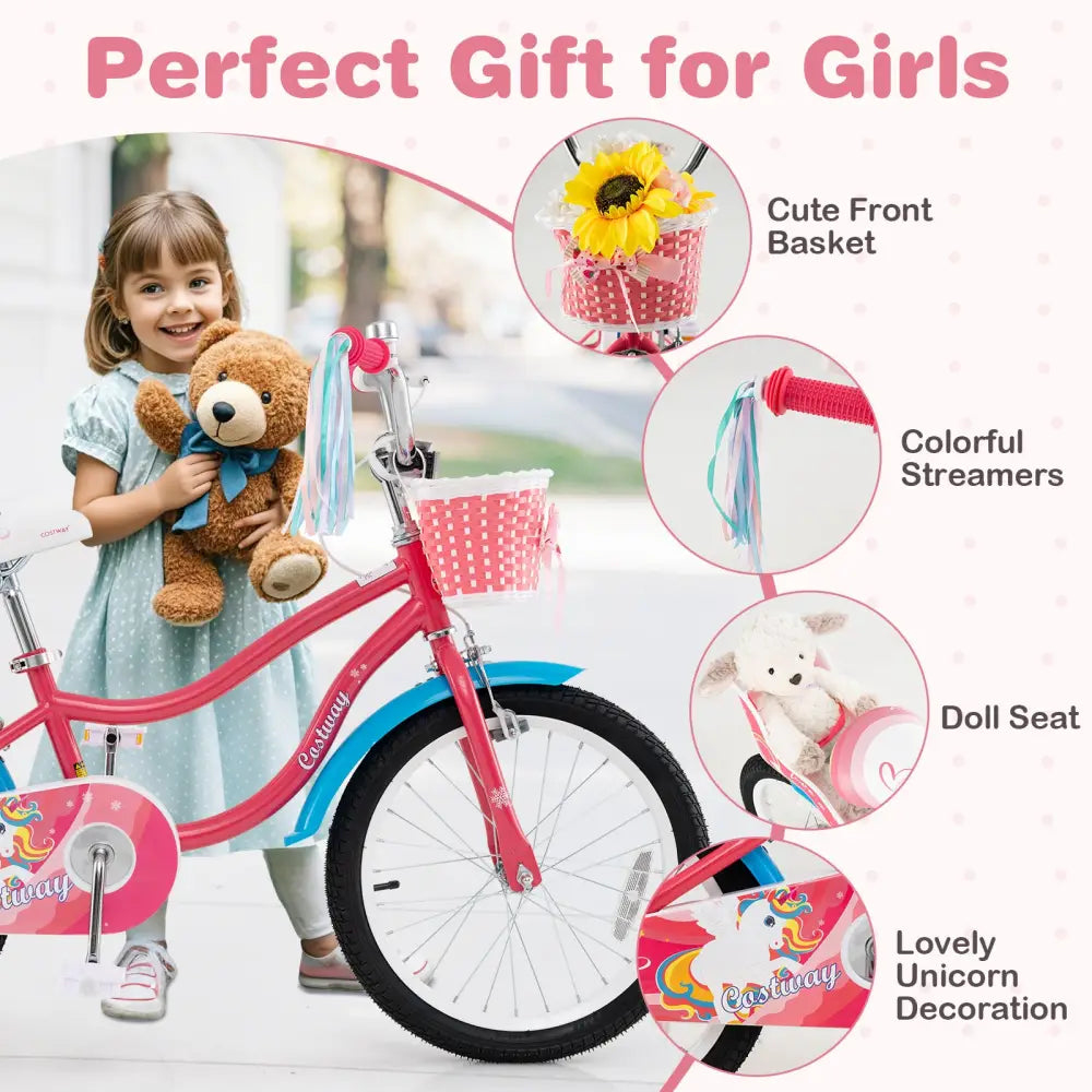 18 Inch Girls Bike for 3-5 Years Old Kids Bike with Doll Seat and Training Wheels - Pink - Kids Bike
