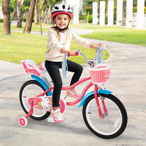 18 Inch Girls Bike for 3-5 Years Old Kids Bike with Doll Seat and Training Wheels - Pink - Kids Bike