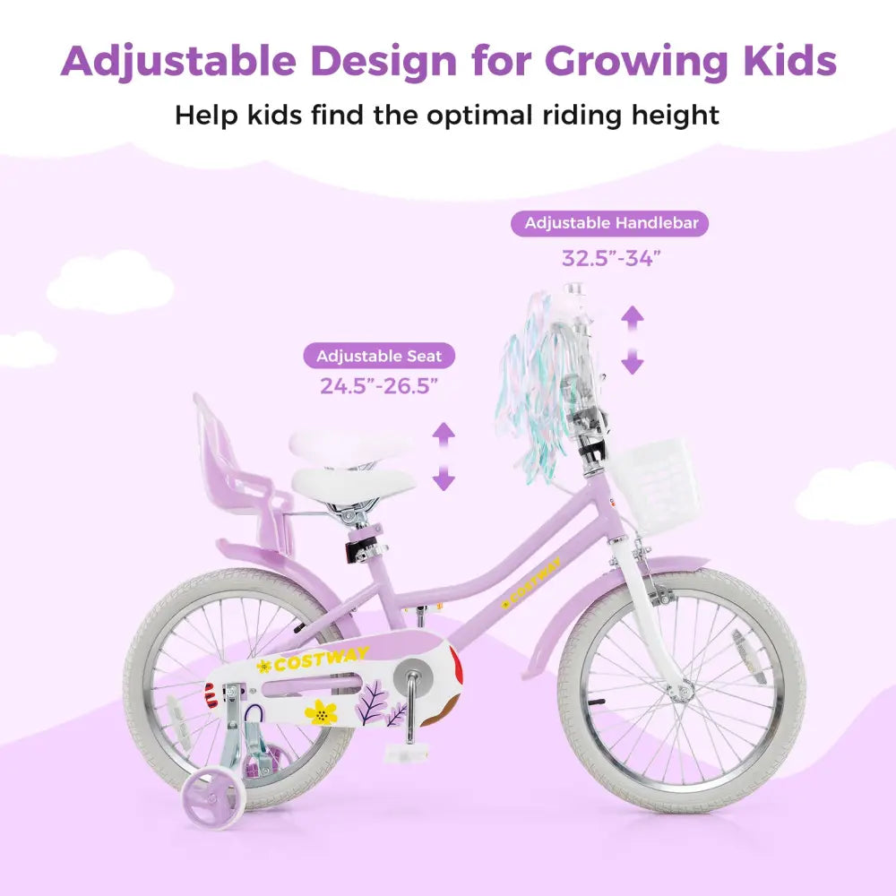 18 Inch Girls Bike Kids Bicycle with Doll Seat and Streamers for Children 4-8 Years Old - Purple - Kids Bike