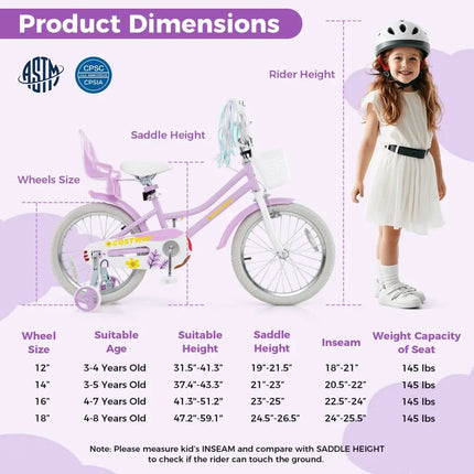 18 Inch Girls Bike Kids Bicycle with Doll Seat and Streamers for Children 4 - 8 Years Old - Oasis Home Essentials