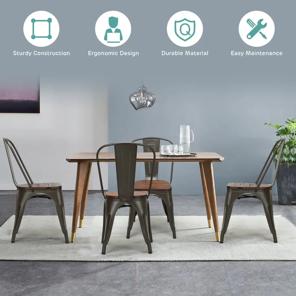 18 Inch Height Set of 4 Stackable Style Metal Wood Dining Chair-Dark Green - Dark Green - Dining Chairs