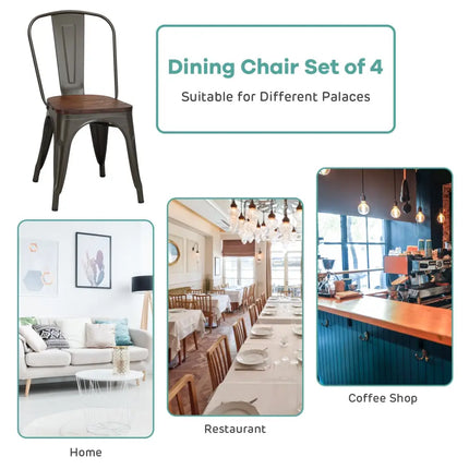 18 Inch Height Set of 4 Stackable Style Metal Wood Dining Chair-Dark Green - Dark Green - Dining Chairs