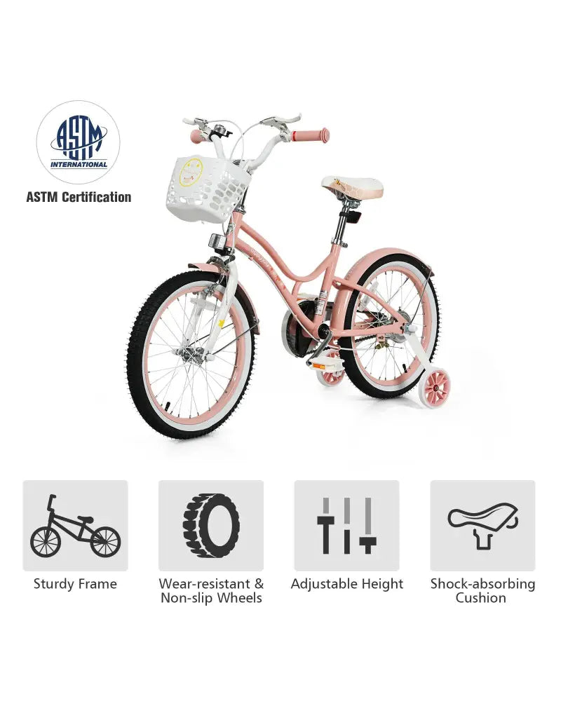 18 Inch Kids Adjustable Bike Toddlers with Training Wheels-Pink - Pink - Kids Bike