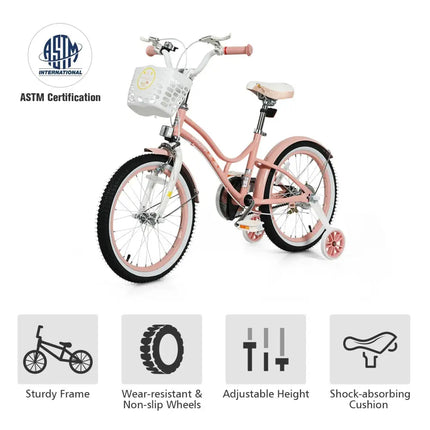 18 Inch Kids Adjustable Bike Toddlers with Training Wheels - Pink - Oasis Home Essentials