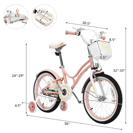 18 Inch Kids Adjustable Bike Toddlers with Training Wheels - Pink - Oasis Home Essentials