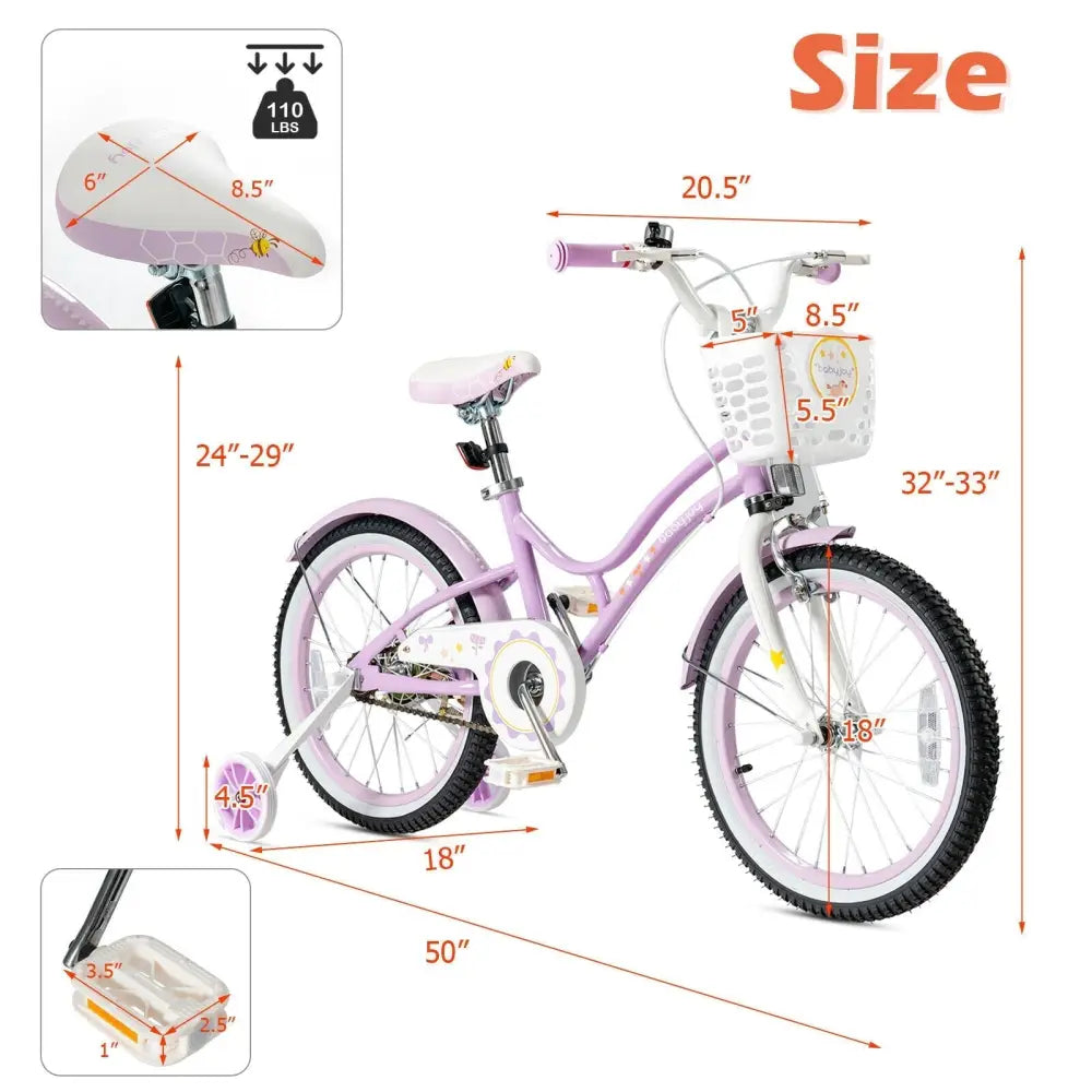 18 Inch Kids Adjustable Bike with Training Wheels - Purple - Oasis Home Essentials