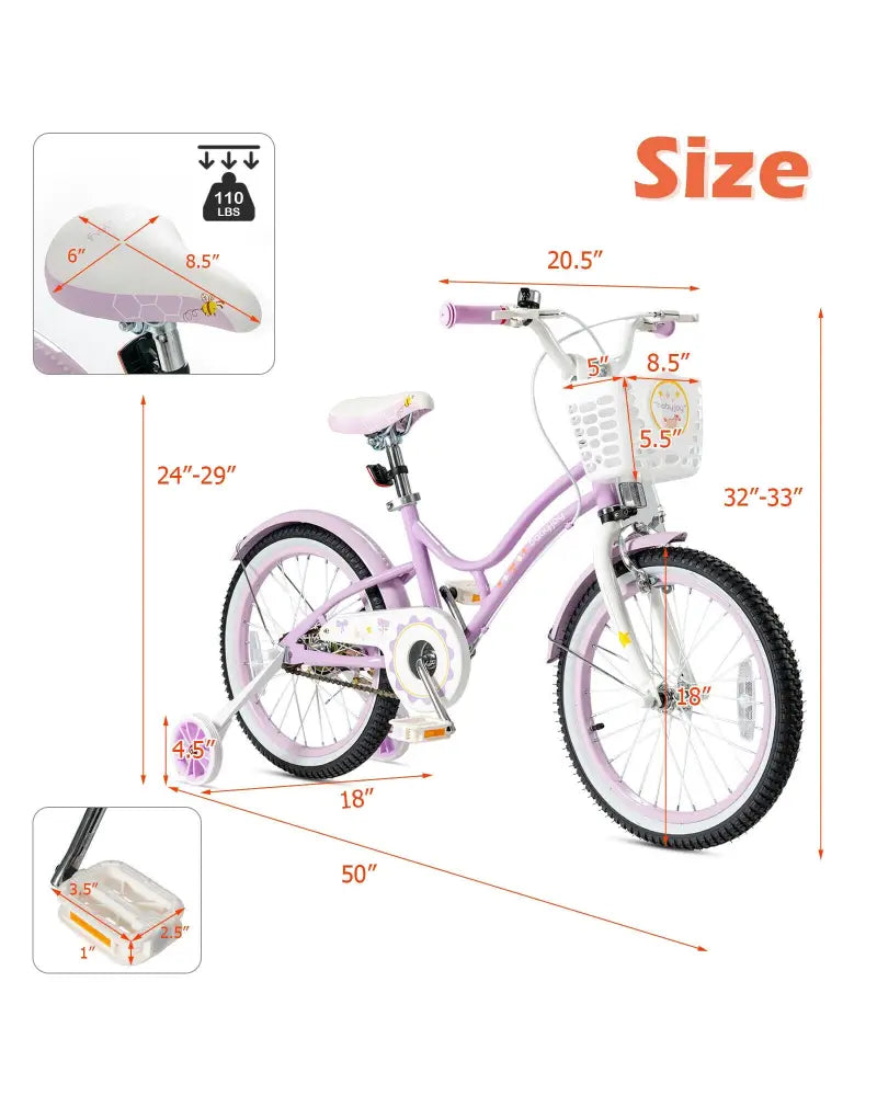 18 Inch Kids Adjustable Bike with Training Wheels-Purple - Purple - Kids Bike