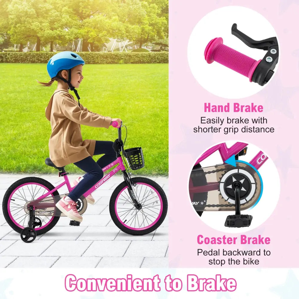 18 Inch Kids Bike Adjustable Bicycle with Front Basket for Children Aged 4-8 Years Old - Pink - Kids Bike