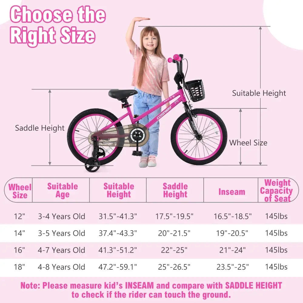 18 Inch Kids Bike Adjustable Bicycle with Front Basket for Children Aged 4 - 8 Years Old - Oasis Home Essentials