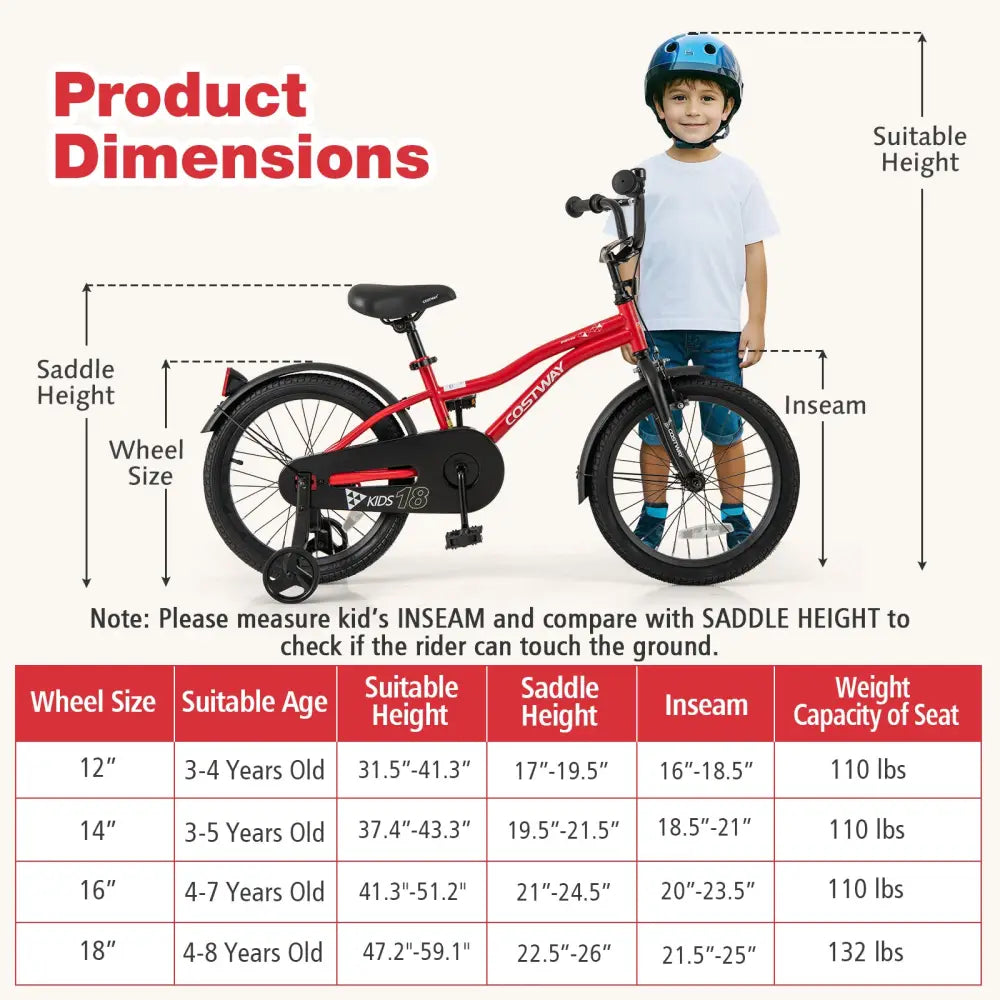 18 Inch Kids Bike Adjustable Bicycle with Reflectors and Bell for 4-8 Years Old - Red - Kids Bike