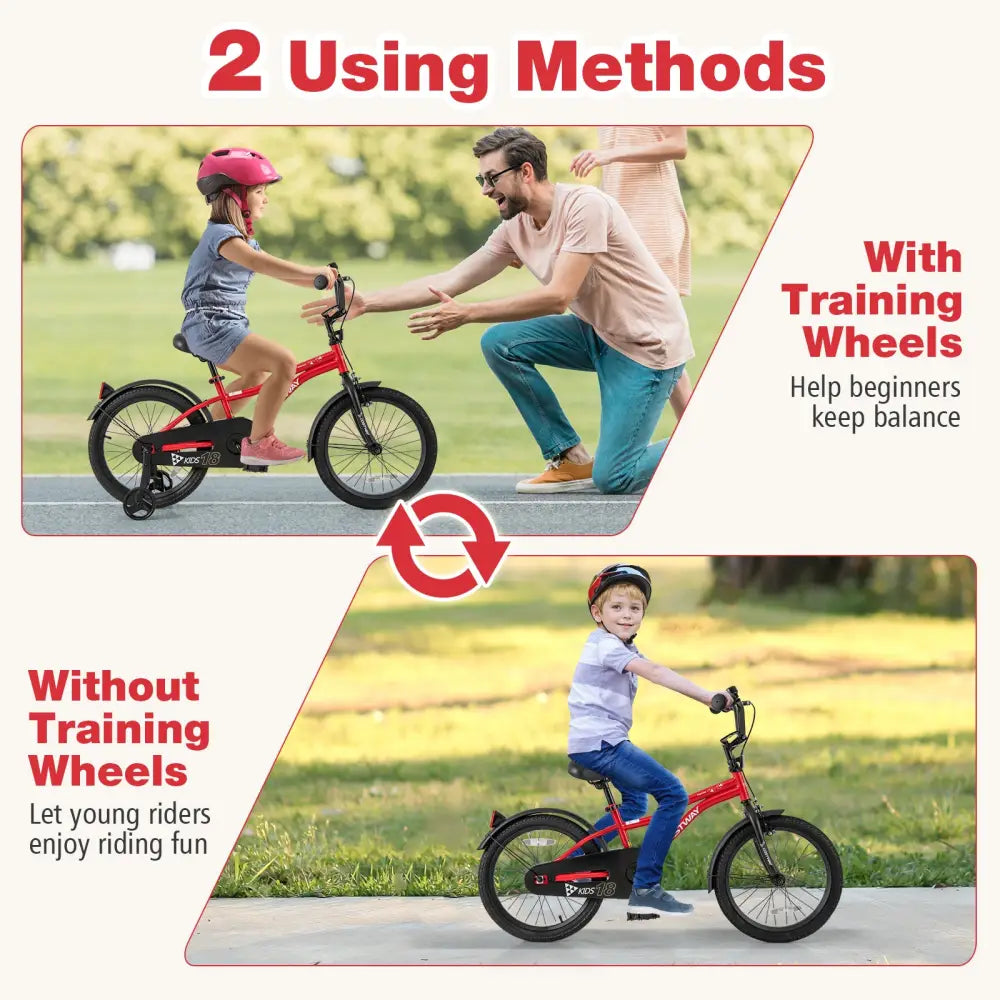 18 Inch Kids Bike Adjustable Bicycle with Reflectors and Bell for 4-8 Years Old - Red - Kids Bike
