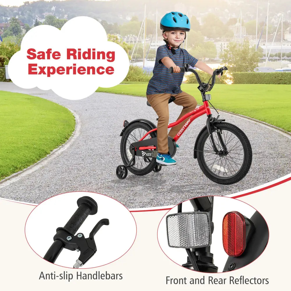 18 Inch Kids Bike Adjustable Bicycle with Reflectors and Bell for 4-8 Years Old - Red - Kids Bike
