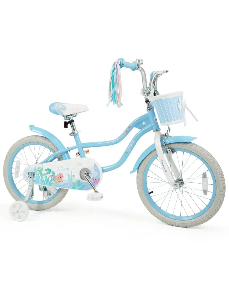18 Inch Kids Bike Adjustable with Basket and Streamers Blue for Kids Aged 4-8 Years Old - Princess of the Sea Theme