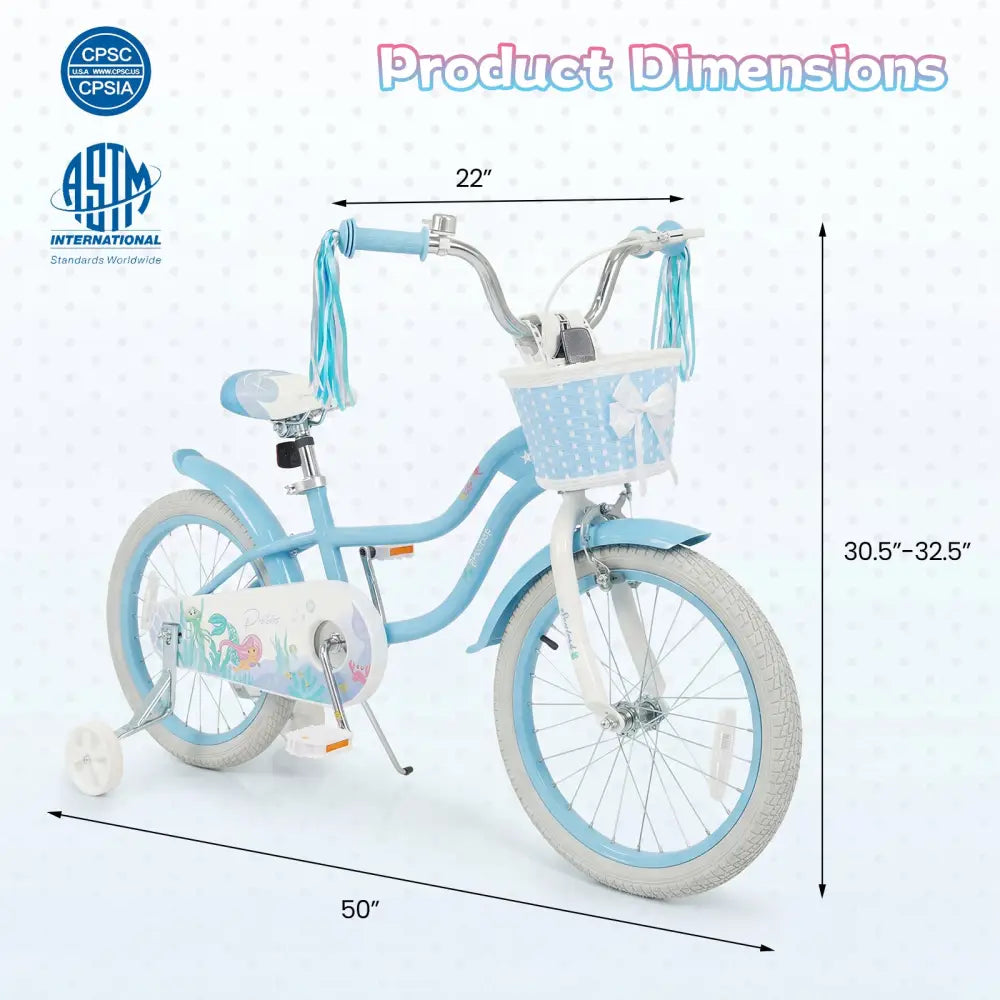 18 Inch Kids Bike Adjustable with Basket and Streamers Blue for Kids Aged 4-8 Years Old - Princess of the Sea Theme