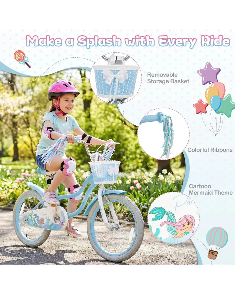18 Inch Kids Bike Adjustable with Basket and Streamers Blue for Kids Aged 4-8 Years Old - Princess of the Sea Theme