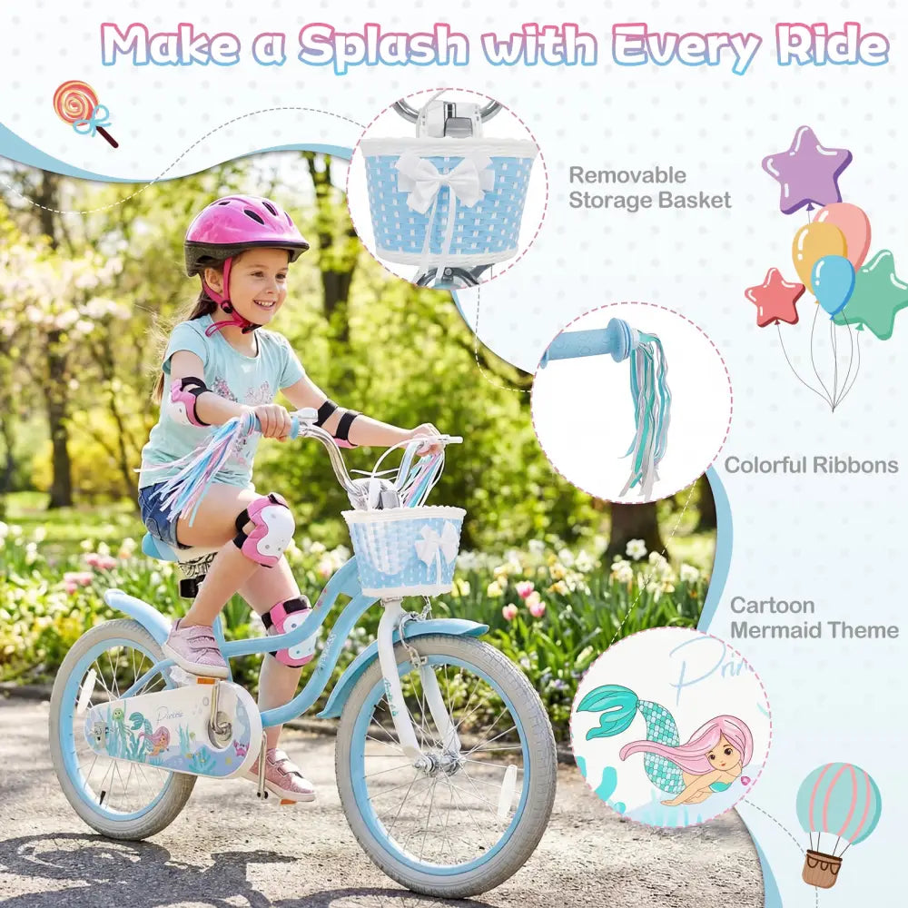 18 Inch Kids Bike Adjustable with Basket and Streamers Blue for Kids Aged 4-8 Years Old - Princess of the Sea Theme