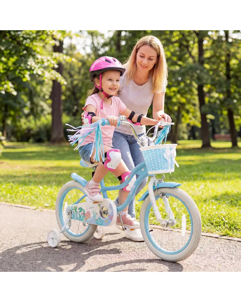 18 Inch Kids Bike Adjustable with Basket and Streamers Blue for Kids Aged 4-8 Years Old - Princess of the Sea Theme