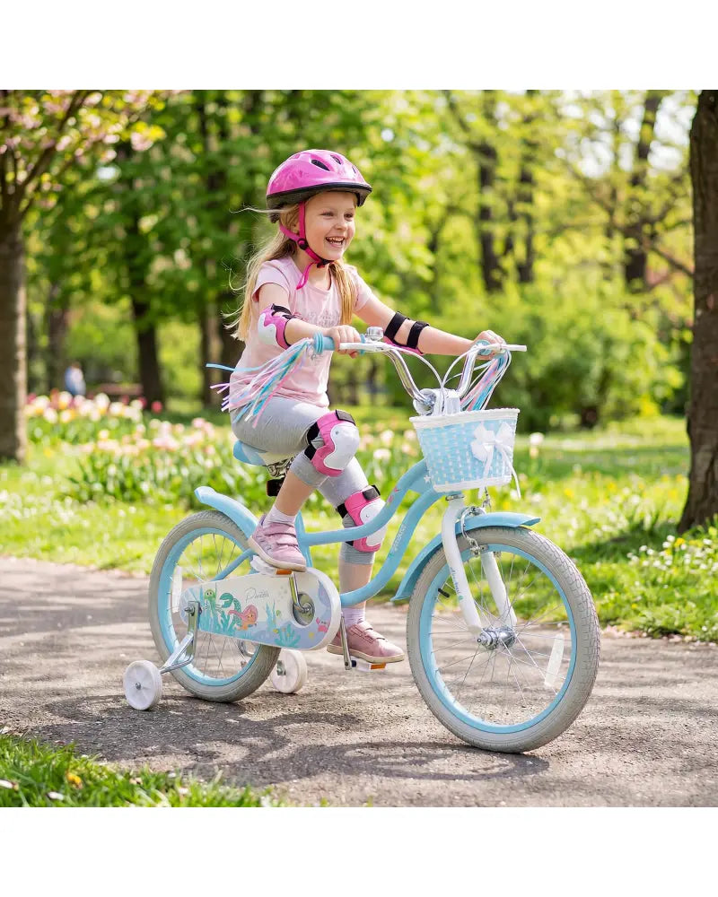 18 Inch Kids Bike Adjustable with Basket and Streamers Blue for Kids Aged 4-8 Years Old - Princess of the Sea Theme