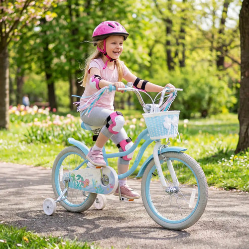 18 Inch Kids Bike Adjustable with Basket and Streamers Blue for Kids Aged 4-8 Years Old - Princess of the Sea Theme