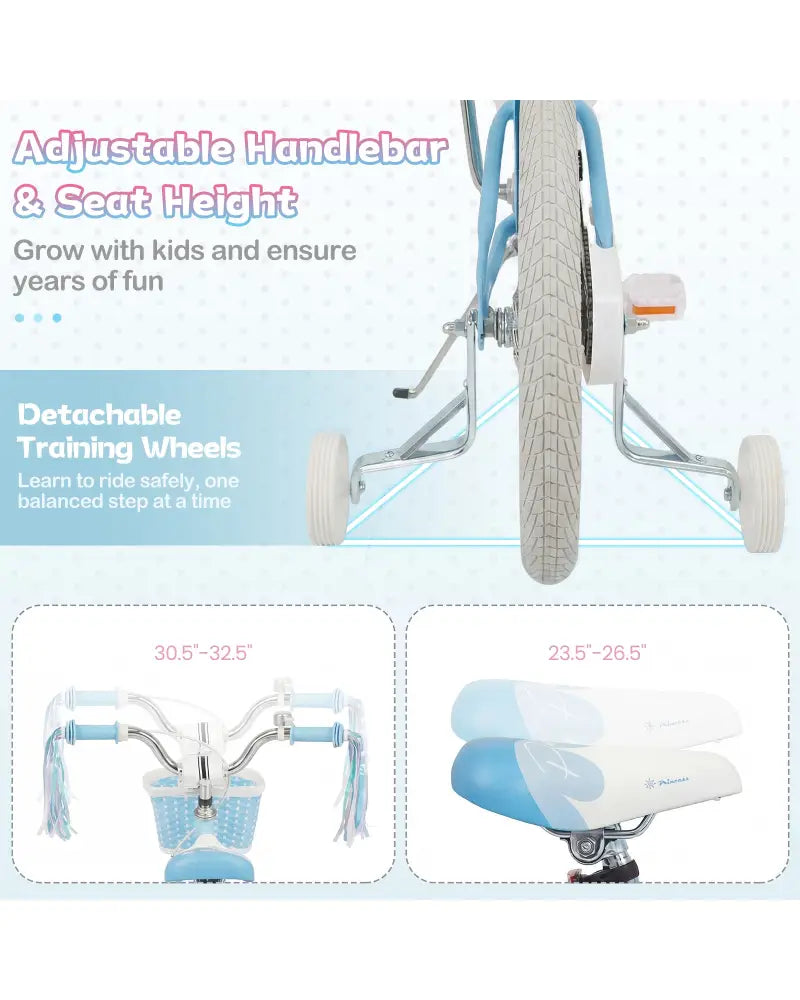 18 Inch Kids Bike Adjustable with Basket and Streamers Blue for Kids Aged 4-8 Years Old - Princess of the Sea Theme