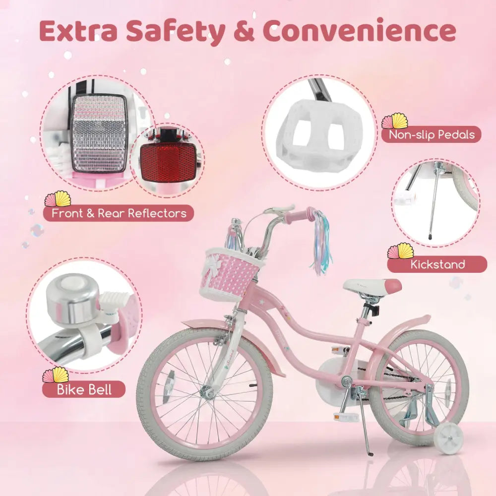 18-Inch Kids Bike Adjustable with Basket and Streamers Pink - Princess of the Sea Theme - Pink - Kids Bike