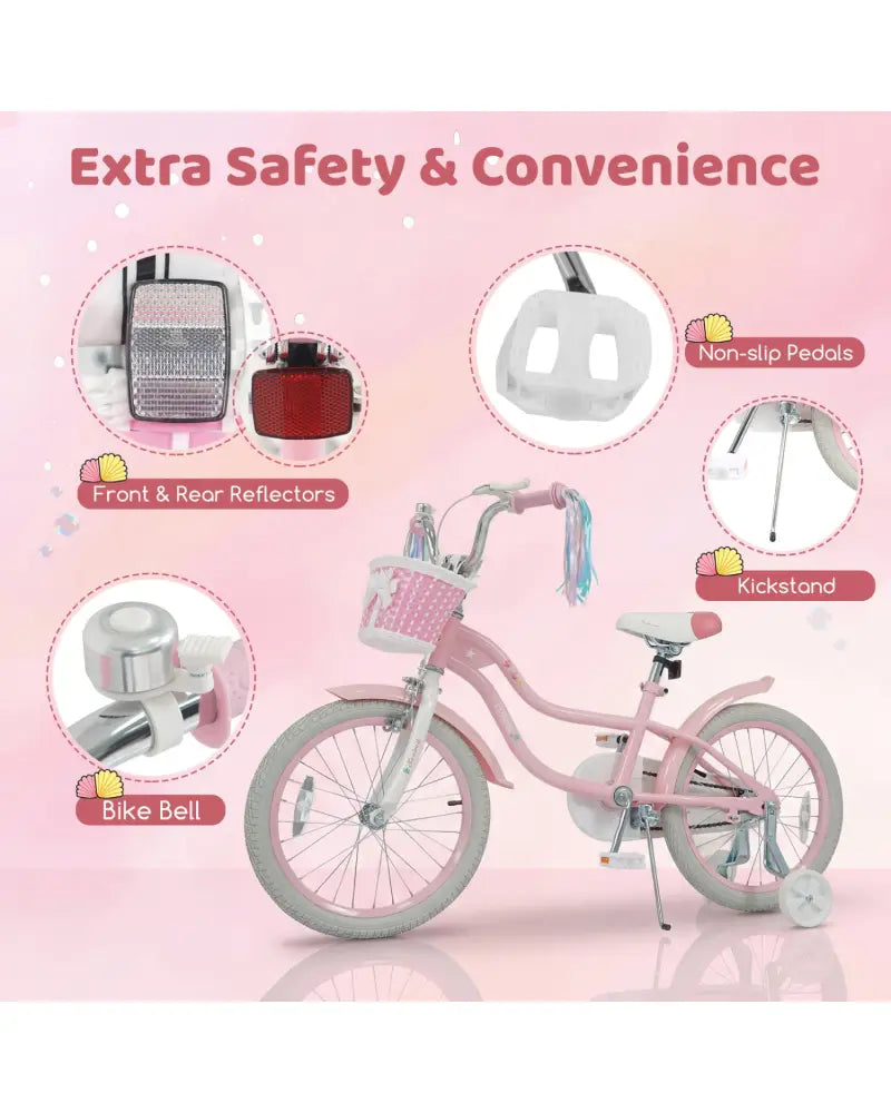 18-Inch Kids Bike Adjustable with Basket and Streamers Pink - Princess of the Sea Theme - Pink - Kids Bike