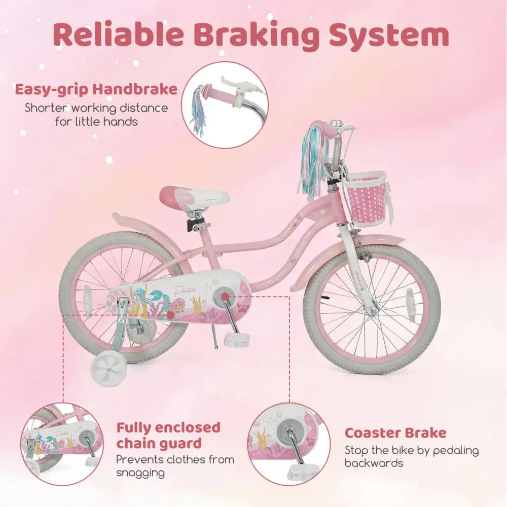 18-Inch Kids Bike Adjustable with Basket and Streamers Pink - Princess of the Sea Theme - Pink - Kids Bike