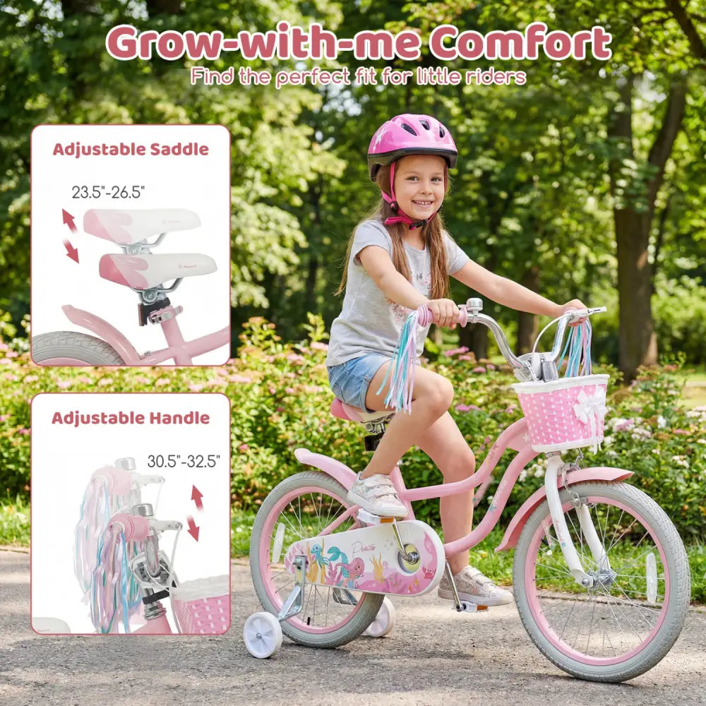 18-Inch Kids Bike Adjustable with Basket and Streamers Pink - Princess of the Sea Theme - Pink - Kids Bike