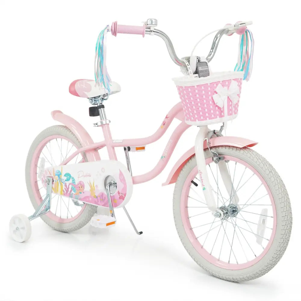 18-Inch Kids Bike Adjustable with Basket and Streamers Pink - Princess of the Sea Theme - Pink - Kids Bike