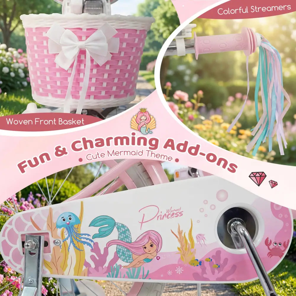 18-Inch Kids Bike Adjustable with Basket and Streamers Pink - Princess of the Sea Theme - Pink - Kids Bike