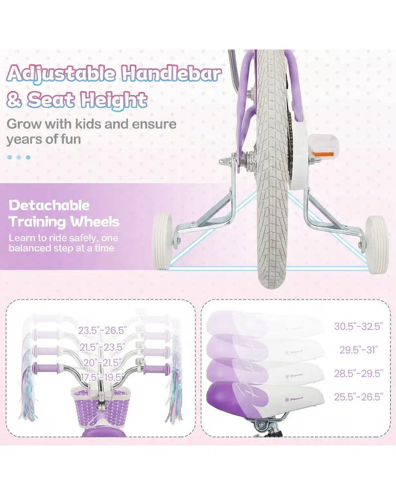 18-Inch Kids Bike Adjustable with Basket and Streamers Purple - Princess of the Sea Theme - Purple - Kids Bike