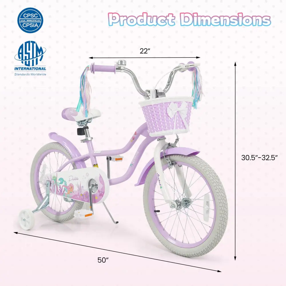 18-Inch Kids Bike Adjustable with Basket and Streamers Purple - Princess of the Sea Theme - Purple - Kids Bike