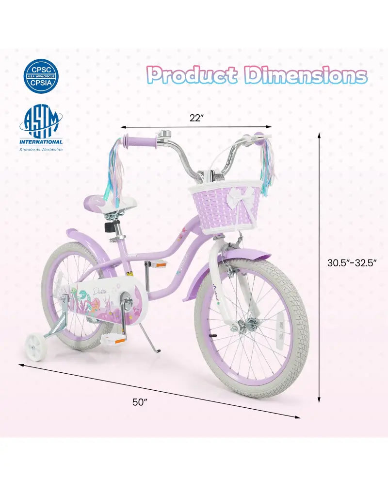 18-Inch Kids Bike Adjustable with Basket and Streamers Purple - Princess of the Sea Theme - Purple - Kids Bike