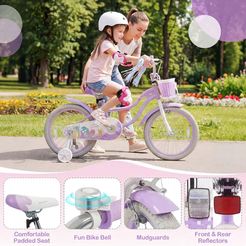 18-Inch Kids Bike Adjustable with Basket and Streamers Purple - Princess of the Sea Theme - Purple - Kids Bike