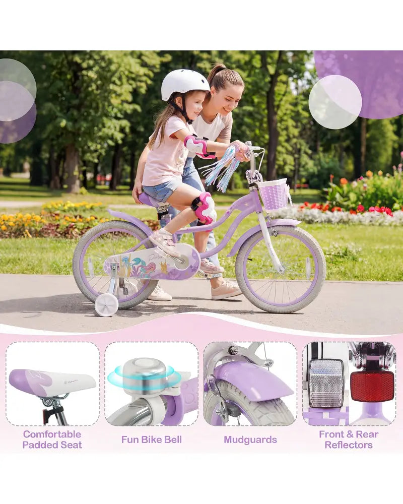 18-Inch Kids Bike Adjustable with Basket and Streamers Purple - Princess of the Sea Theme - Purple - Kids Bike