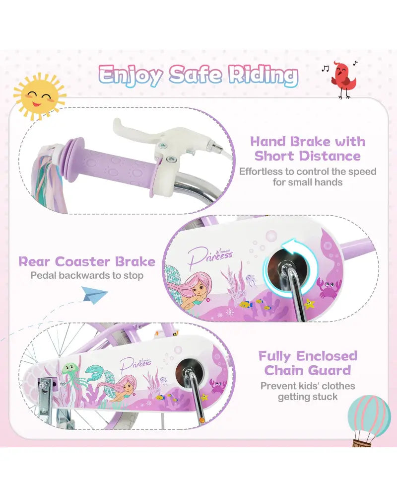 18-Inch Kids Bike Adjustable with Basket and Streamers Purple - Princess of the Sea Theme - Purple - Kids Bike