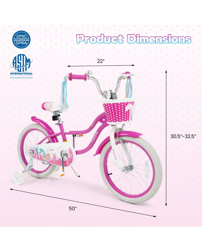 18-Inch Kids Bike Adjustable with Basket and Streamers Rose Red - Princess of the Sea Theme - Rose Red - Kids Bike
