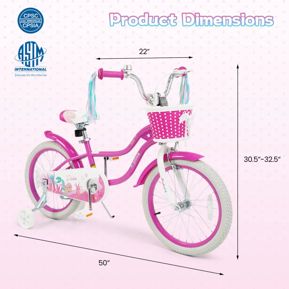 18-Inch Kids Bike Adjustable with Basket and Streamers Rose Red - Princess of the Sea Theme - Rose Red - Kids Bike