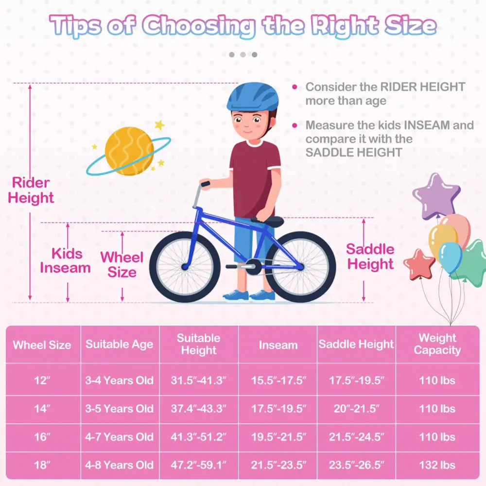 18-Inch Kids Bike Adjustable with Basket and Streamers Rose Red - Princess of the Sea Theme - Rose Red - Kids Bike