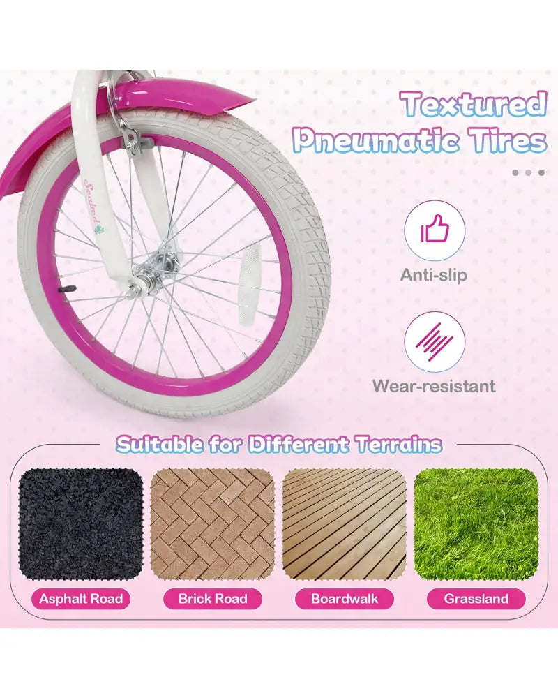 18-Inch Kids Bike Adjustable with Basket and Streamers Rose Red - Princess of the Sea Theme - Rose Red - Kids Bike
