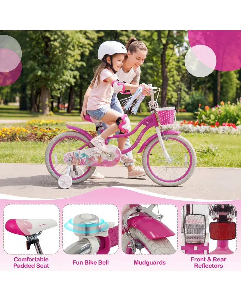 18-Inch Kids Bike Adjustable with Basket and Streamers Rose Red - Princess of the Sea Theme - Rose Red - Kids Bike