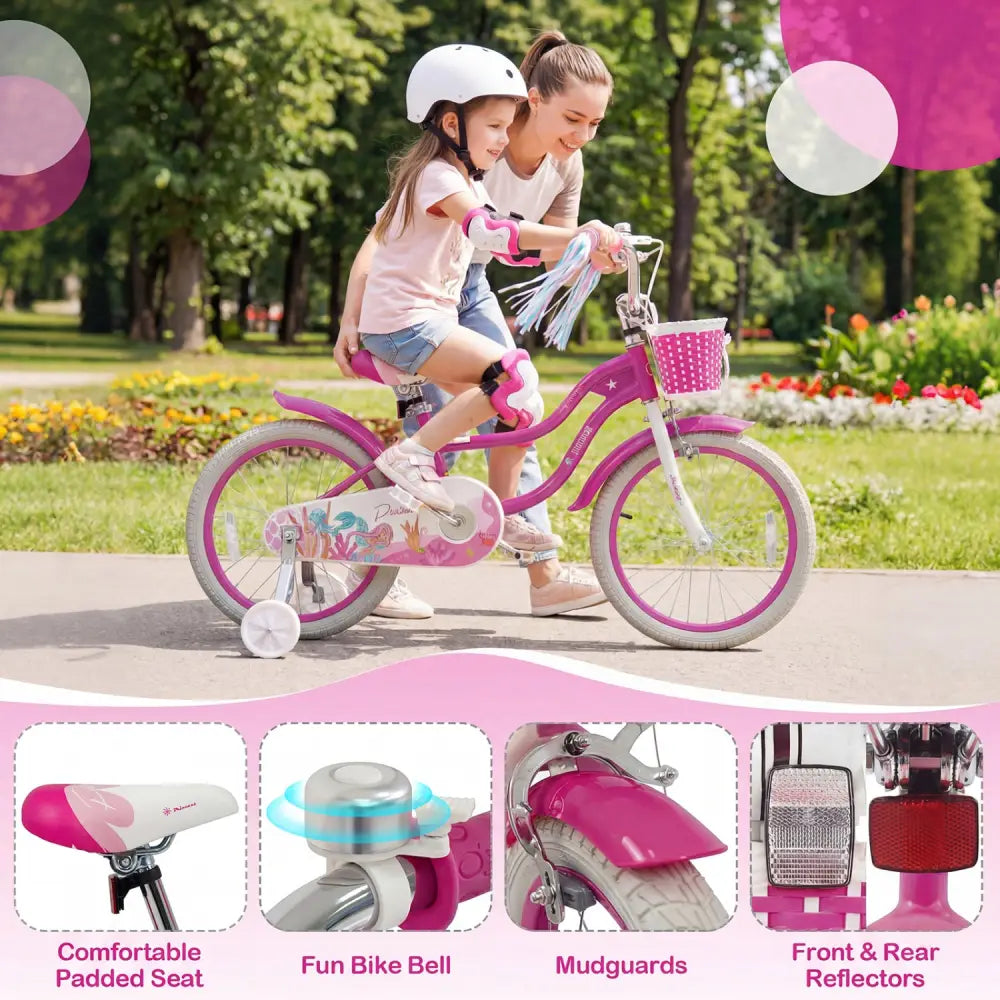 18-Inch Kids Bike Adjustable with Basket and Streamers Rose Red - Princess of the Sea Theme - Rose Red - Kids Bike