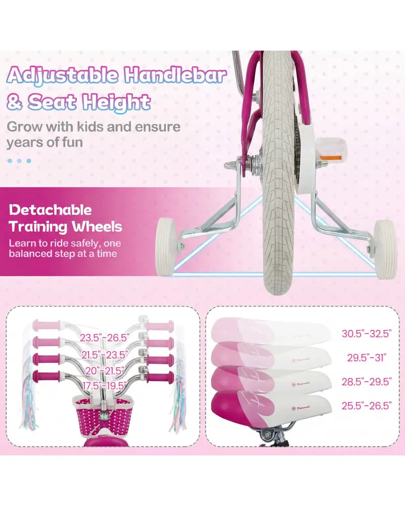 18-Inch Kids Bike Adjustable with Basket and Streamers Rose Red - Princess of the Sea Theme - Rose Red - Kids Bike