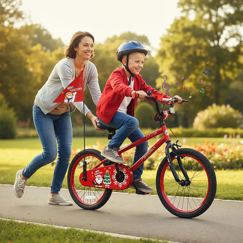 18 Inch Kids Bike Adjustable with Christmas Music & Flag for Aged 4-8 Years Old - Red - Kids Bike