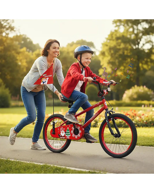 18 Inch Kids Bike Adjustable with Christmas Music & Flag for Aged 4-8 Years Old - Red - Kids Bike
