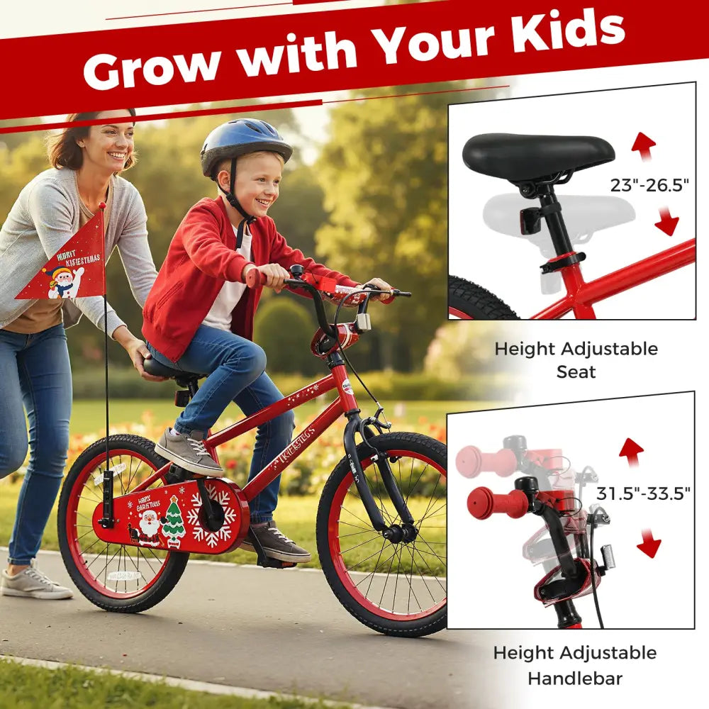 18 Inch Kids Bike Adjustable with Christmas Music & Flag for Aged 4-8 Years Old - Red - Kids Bike