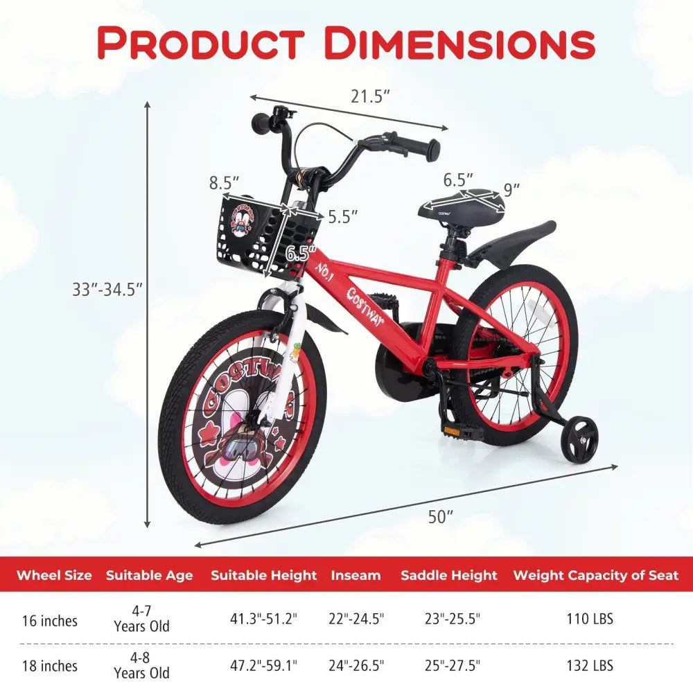 18 Inch Kids Bike Adjustable with Storage Basket and Double Brake for 4 - 8 Years Old - 18 inches - Oasis Home Essentials
